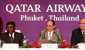 At the Qatar Airways’ press conference in Phuket addressing local, regional and international media are Chief Executive Officer Akbar Al Baker (center) flanked by Senior Vice President East Asia and South West Pacific Marwan Koleilat (right) and Country Manager Thailand, Cambodia & Myanmar Joe Rajadurai (left).